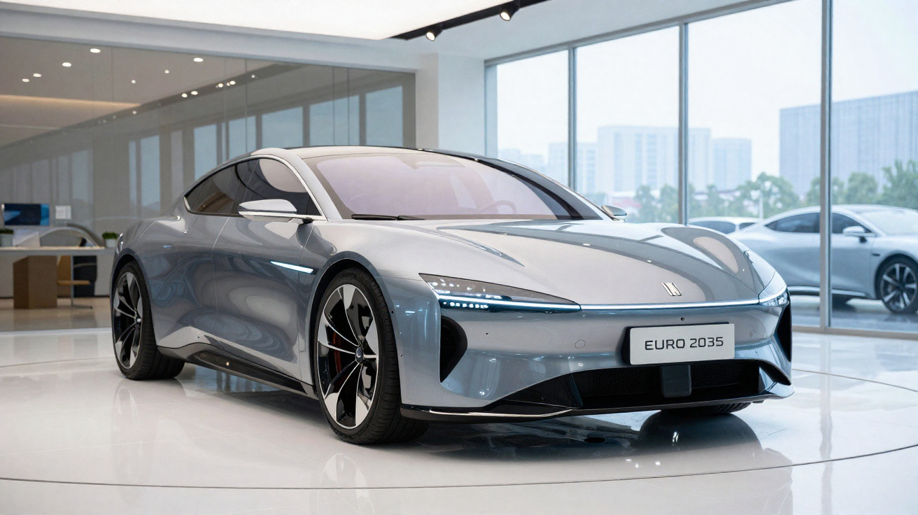 Carro esportivo elétrico cinza exibido em salão moderno com janelas grandes e iluminação branca.