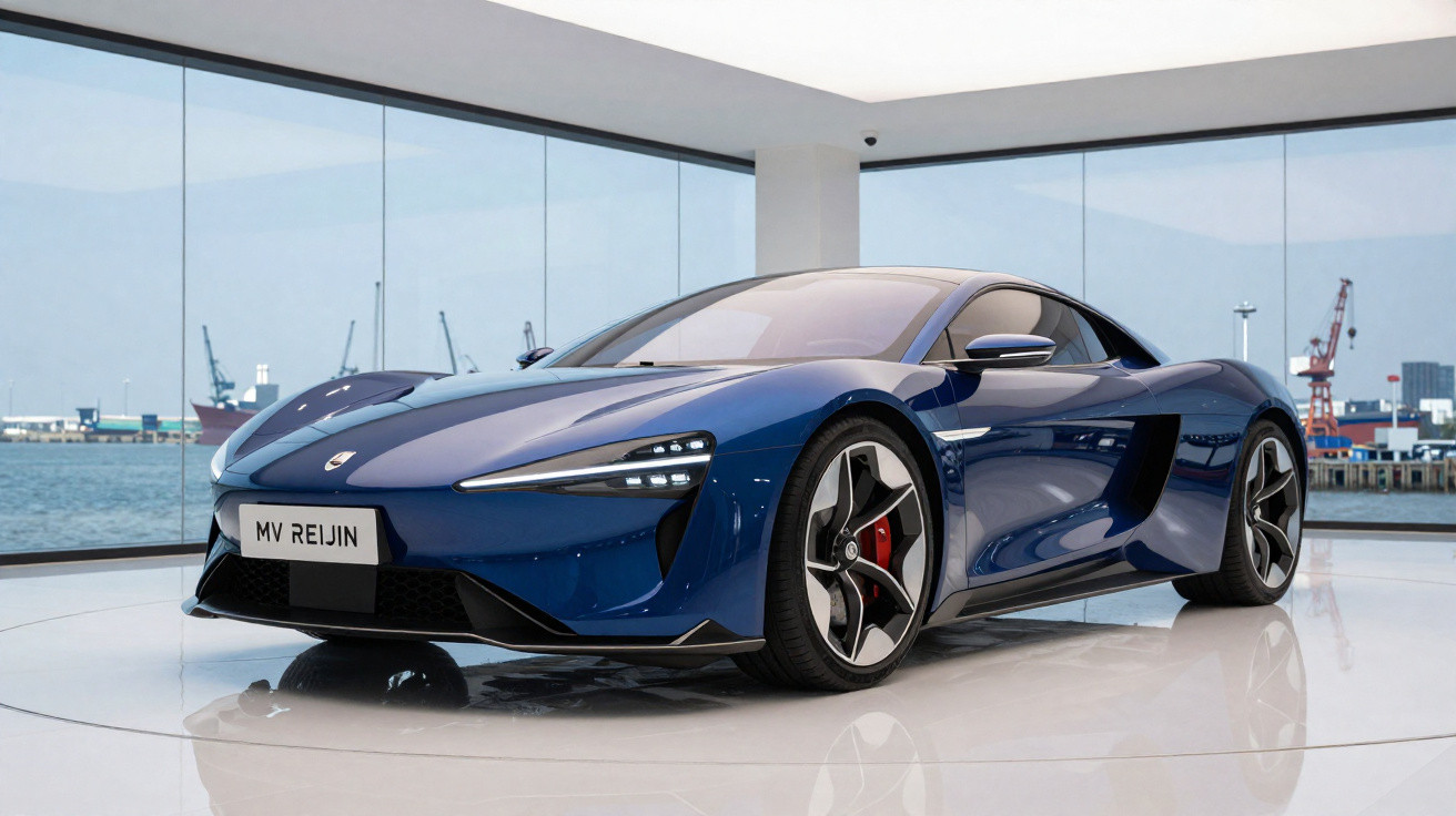 Carro esportivo elétrico azul MV Reijin em exposição dentro de vitrine com vista para o porto.