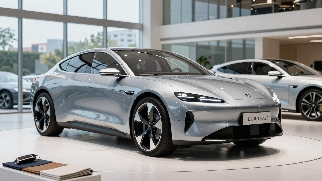 Carro elétrico cinza prateado moderno exibido em showroom com design aerodinâmico e rodas esportivas.