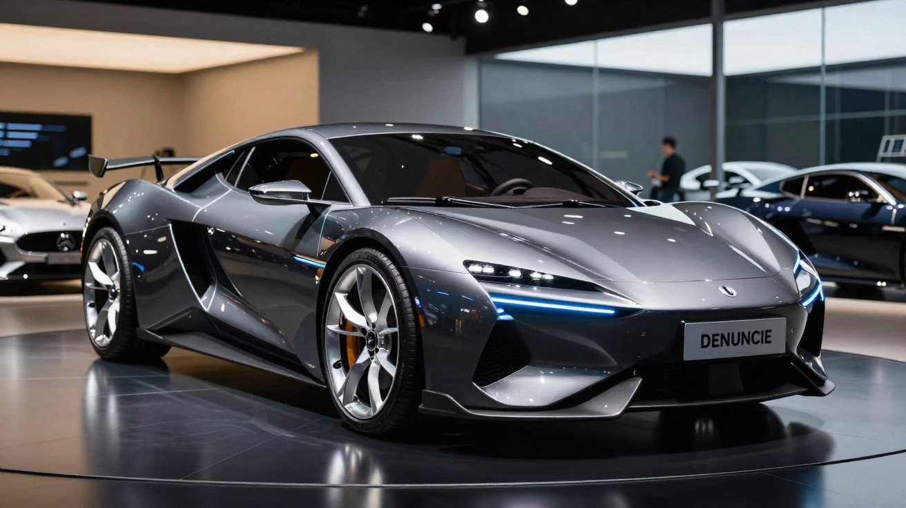 Carro esportivo prata metálico em exposição em salão de automóveis moderno e iluminado.