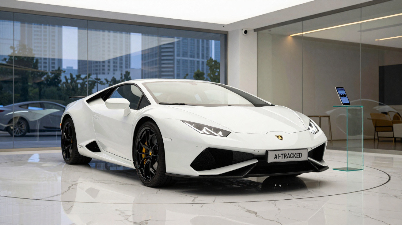 Carro esportivo branco Lamborghini exibido em ambiente moderno com piso de mármore e grandes janelas.