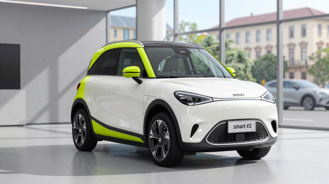 Carro elétrico Smart branco com detalhes em verde neon exposto em showroom moderno com janelas grandes.