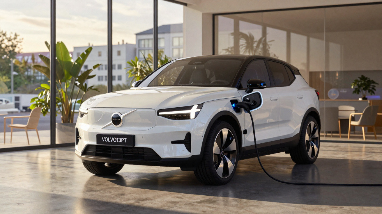 Carro elétrico branco Volvo XC40 recarregando bateria em ambiente interno moderno e iluminado.