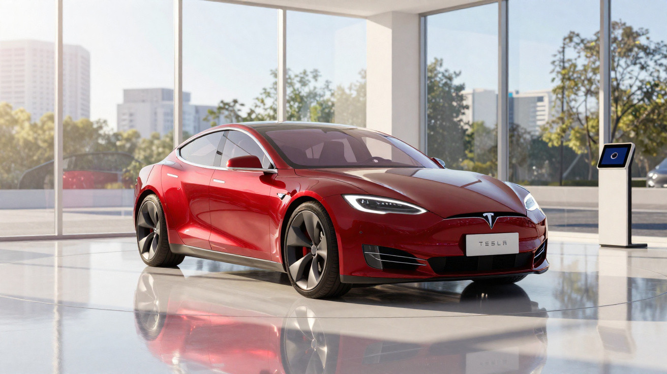 Carro elétrico Tesla vermelho em showroom moderno com grandes janelas e piso refletivo.