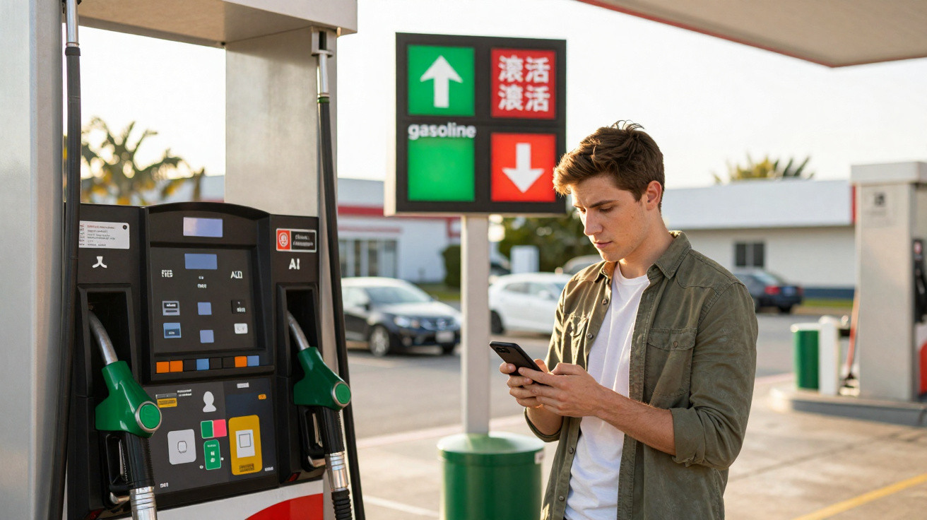 Homem usando celular ao lado de bomba de gasolina em posto de combustível ao ar livre.