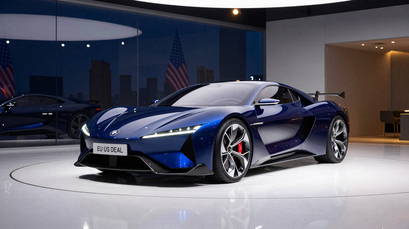 Carro esportivo azul metálico em exposição interna com reflexos e placas EU US DEAL.