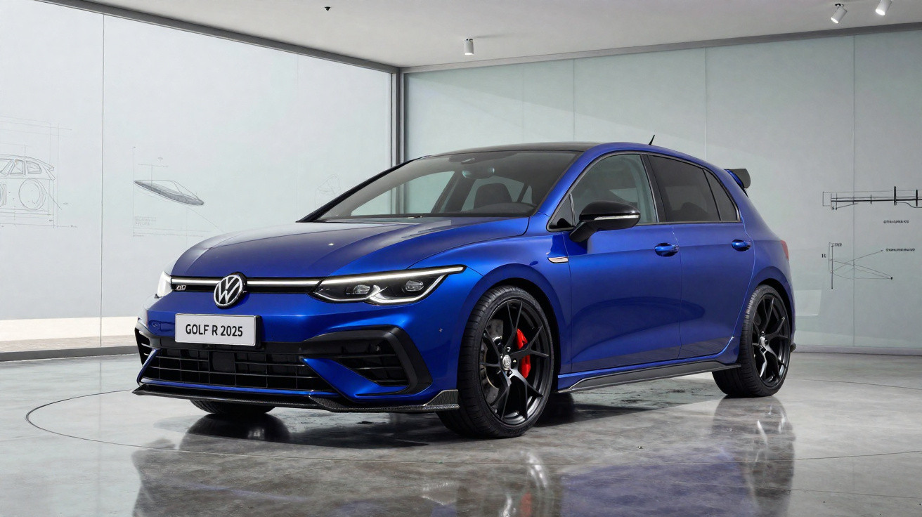 Carro Volkswagen Golf R 2025 azul metálico em exposição em ambiente moderno e minimalista.