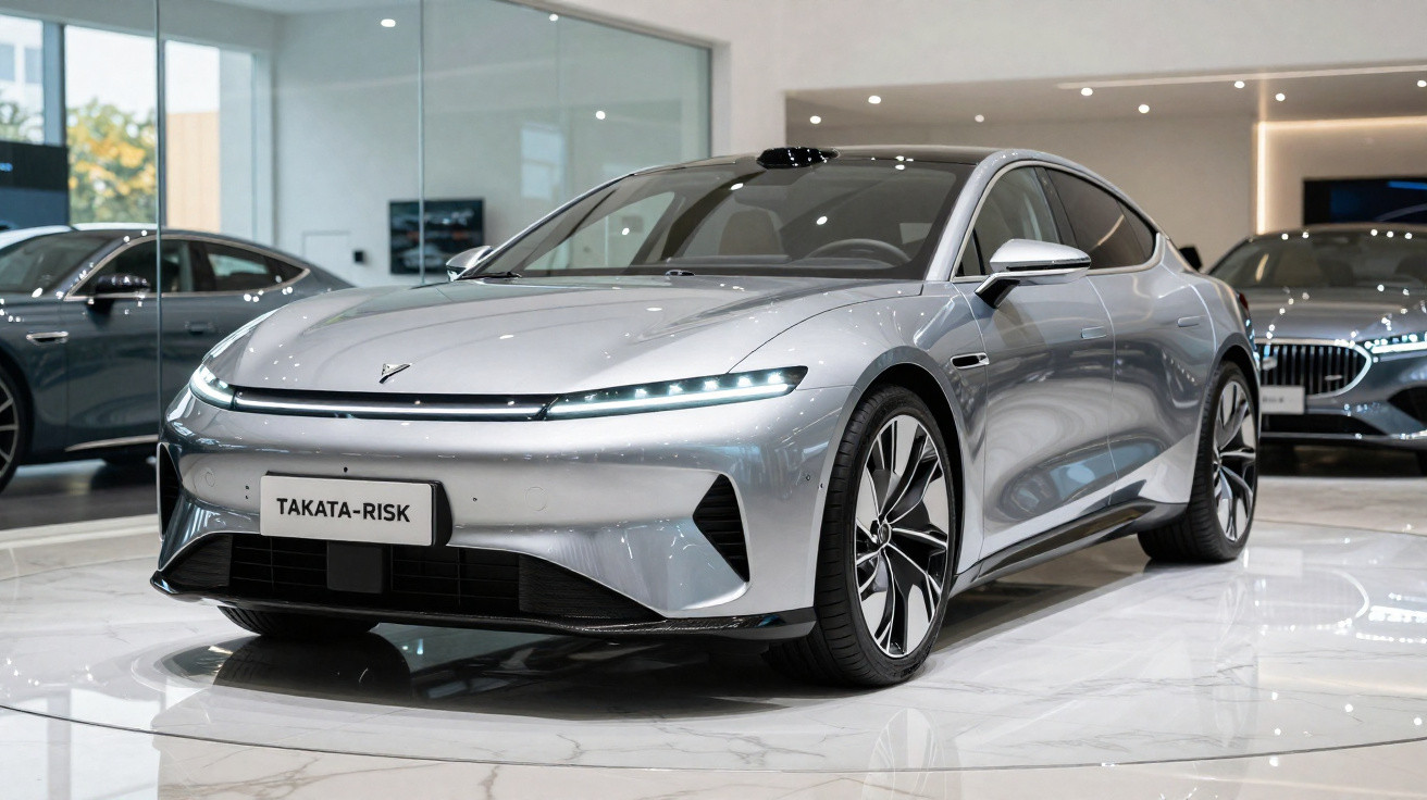 Carro elétrico prata moderno exibido em showroom com iluminação branca e piso refletivo.