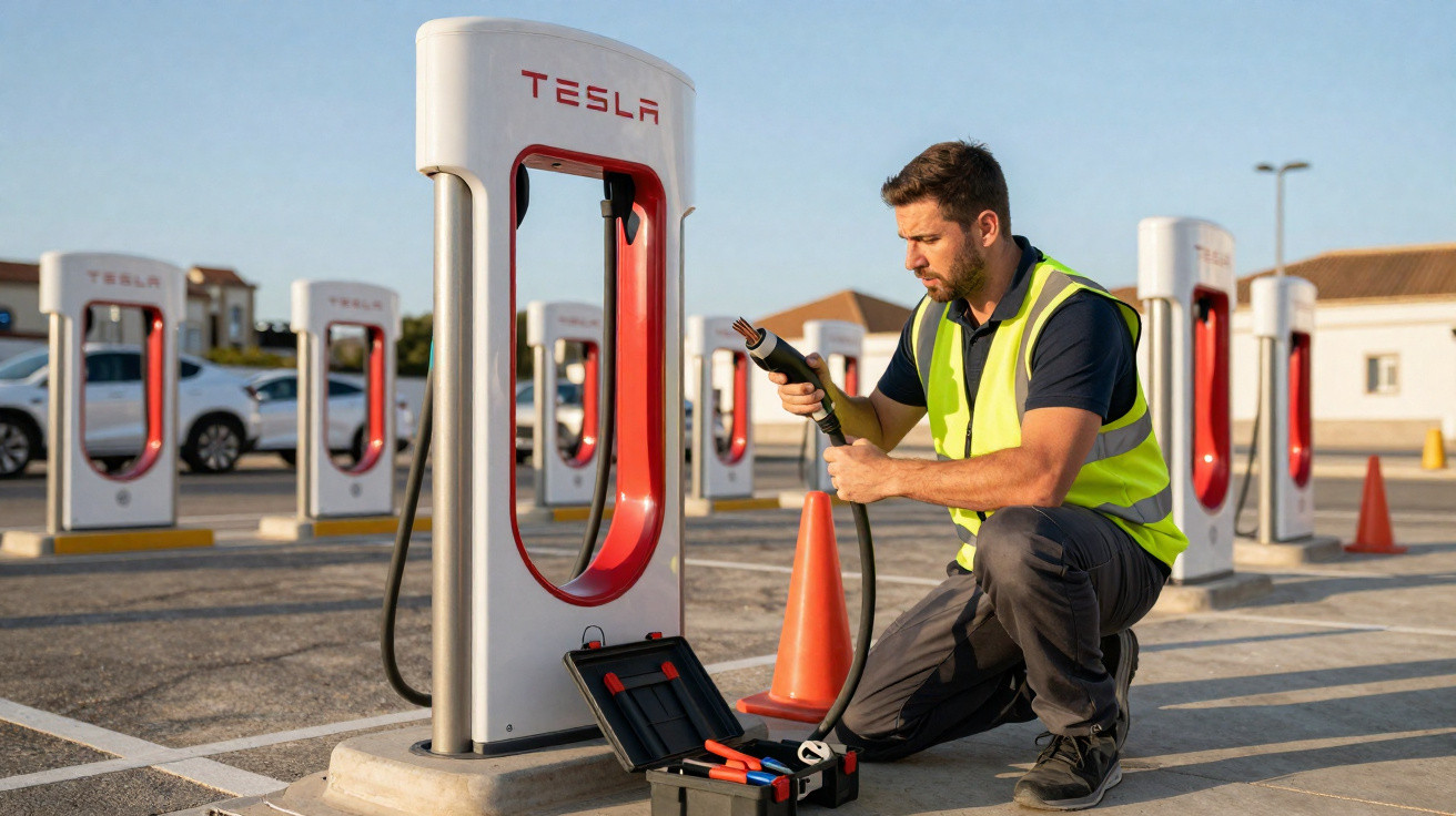 Homem com colete amarelo instala cabo em estação de carregamento Tesla para carros elétricos.