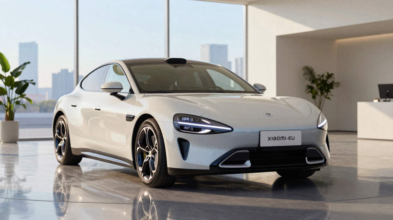 Carro elétrico esportivo branco em ambiente moderno com plantas e grandes janelas ao fundo.