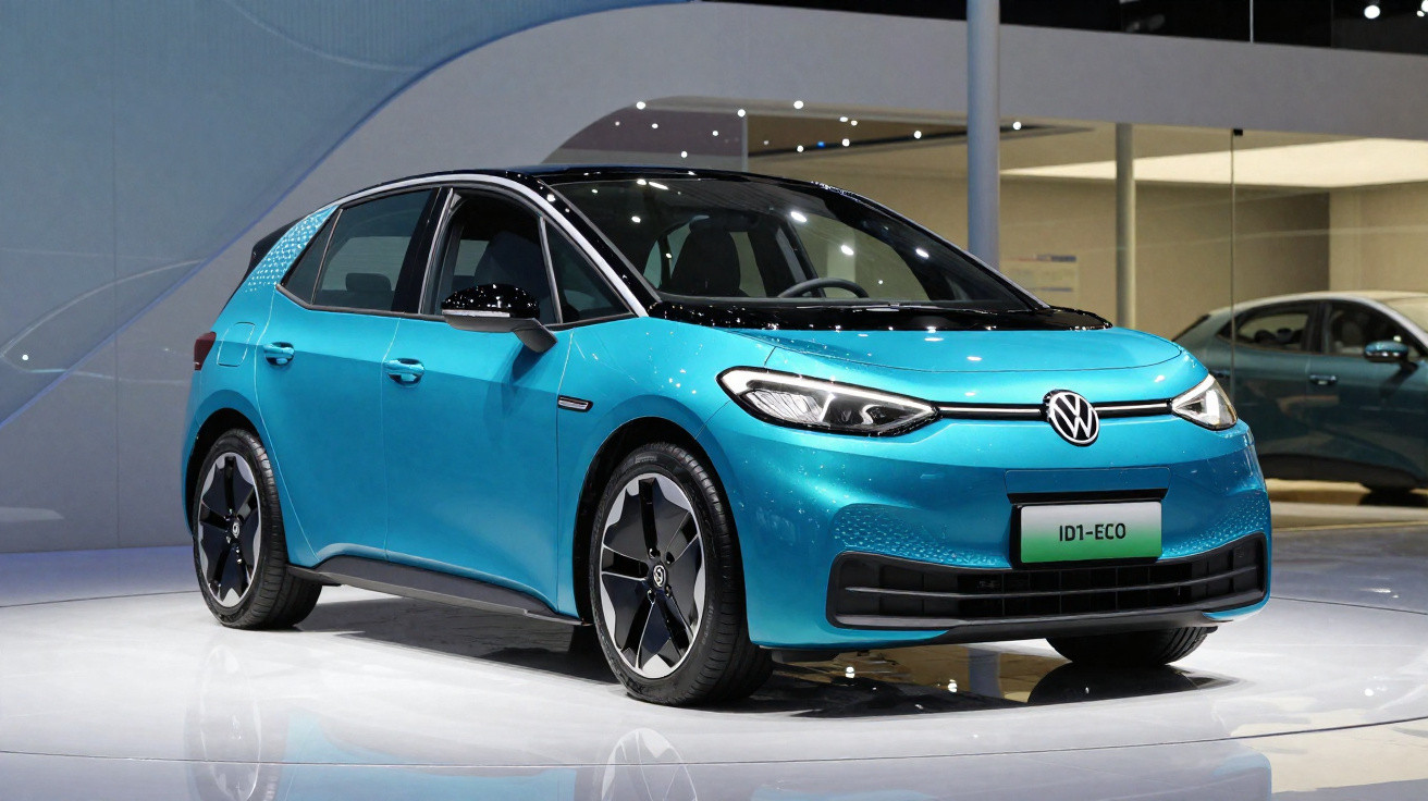 Carro elétrico Volkswagen ID.1 ECO azul exibido em ambiente interno moderno.