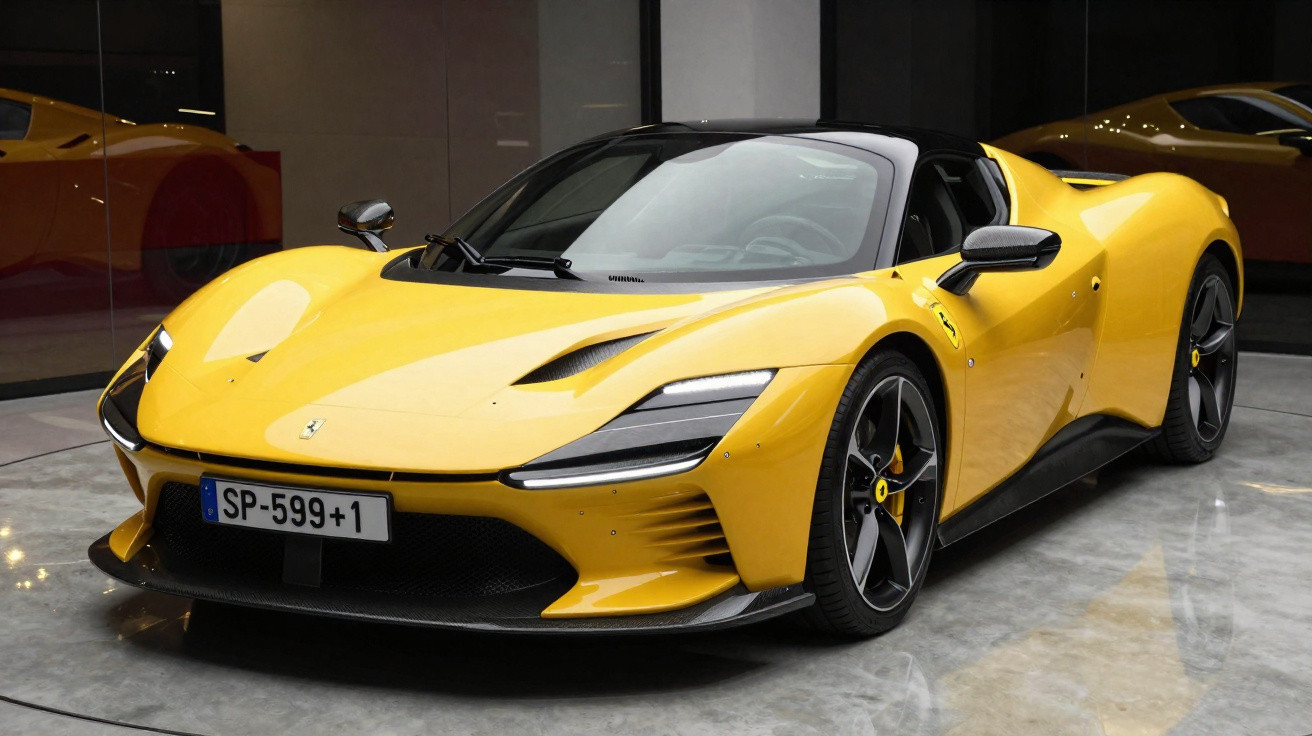 Carro esportivo Ferrari amarelo com teto preto estacionado em piso de concreto refletivo.