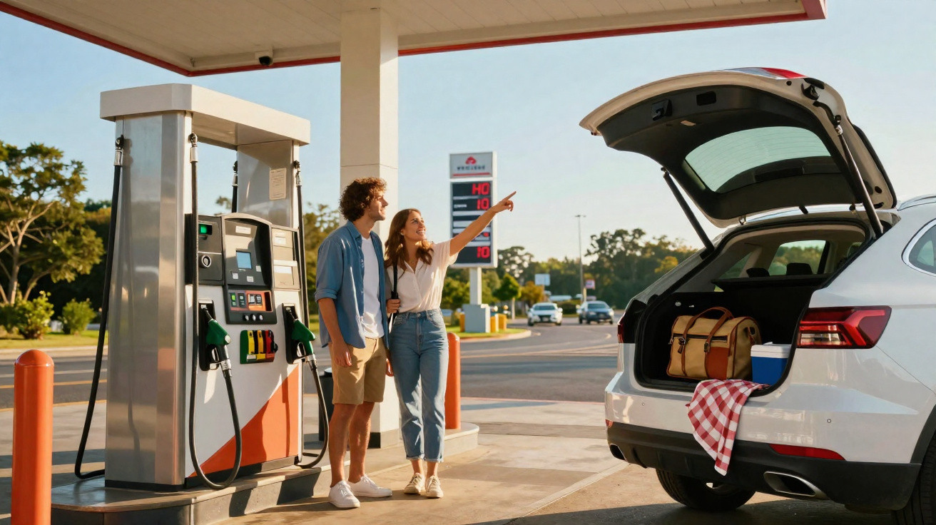Casal em posto de gasolina ao lado de carro com porta-malas aberto e malas dentro em dia ensolarado.