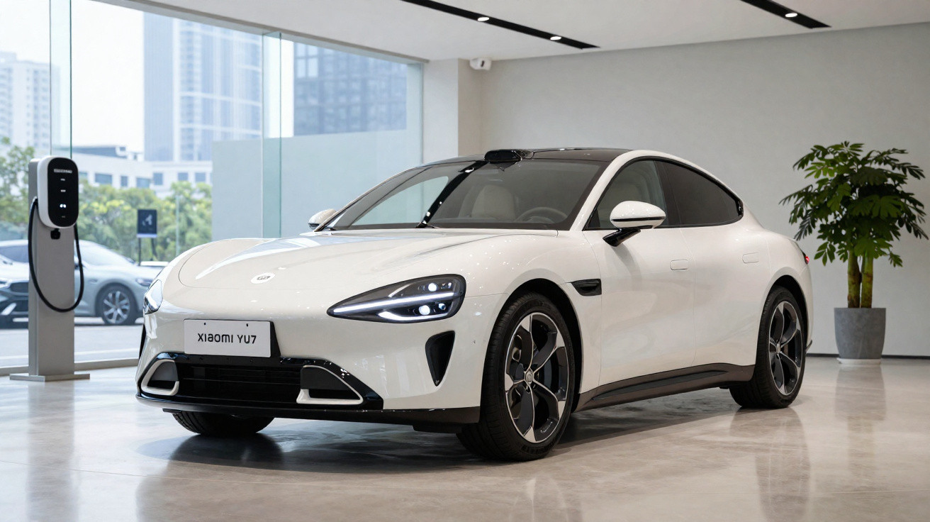 Carro elétrico branco futurista em exposição interna, próximo a estação de recarga veicular.