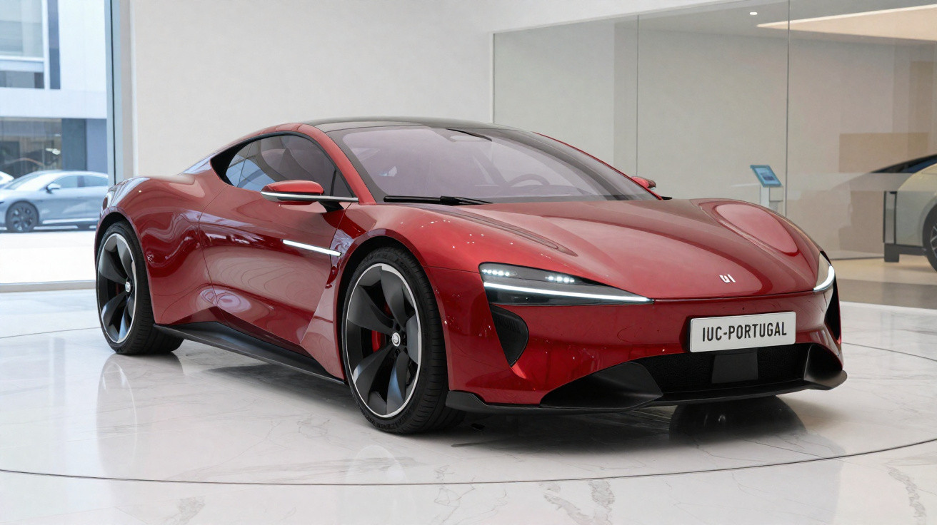 Carro esportivo elétrico vermelho brilhante em exposição interna com design aerodinâmico e rodas pretas grandes.