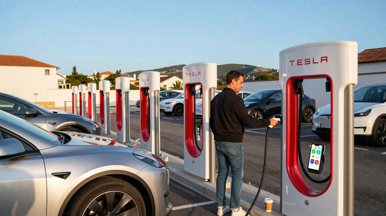 Homem conecta carro elétrico Tesla em estação de recarga ao ar livre em dia ensolarado.