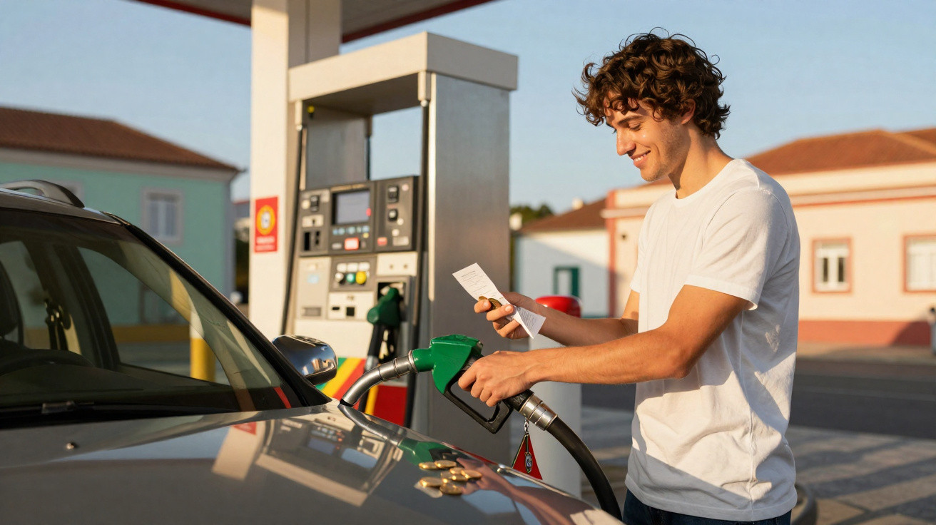 Homem sorridente com camiseta branca abastecendo carro em posto de gasolina e segurando recibo.