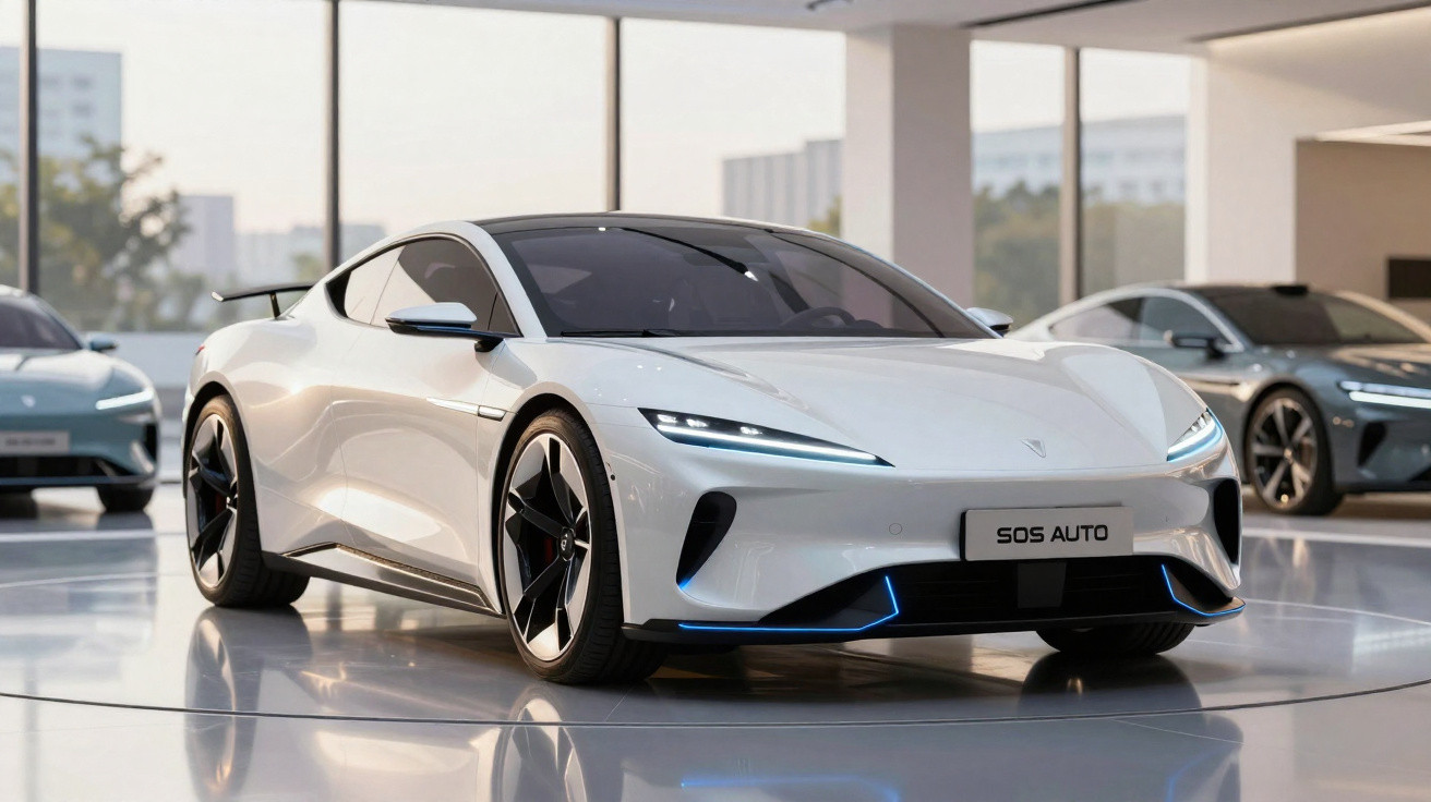 Carro esportivo elétrico branco em exposição moderna com foco em design aerodinâmico e luzes LED avançadas.