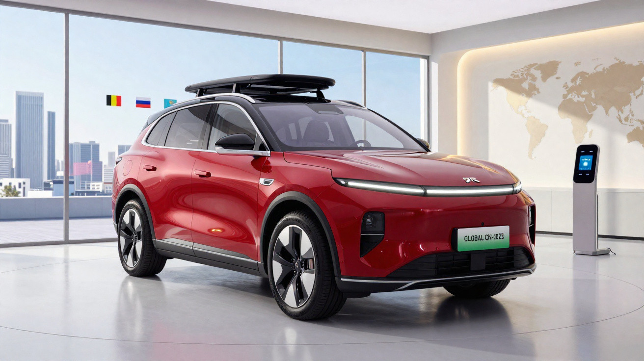 Carro elétrico SUV vermelho em exposição, com rack no teto, em ambiente interno moderno e iluminado.