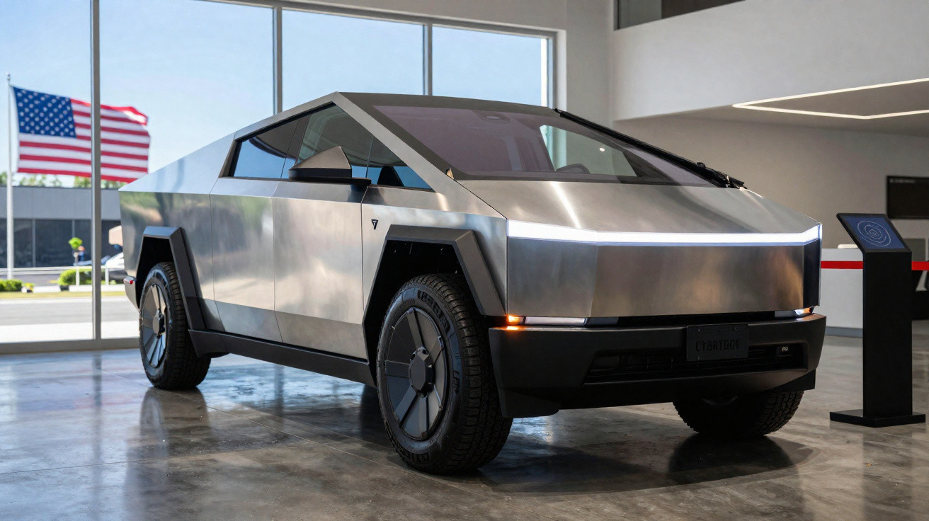 Carro elétrico Tesla Cybertruck prata futurista em exibição com bandeira dos EUA ao fundo.