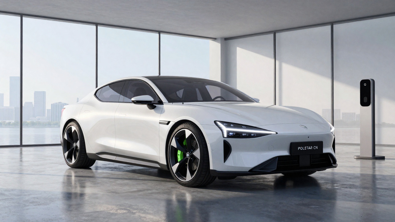 Carro elétrico branco Polestar CN em garagem moderna com grandes janelas e estação de carregamento.