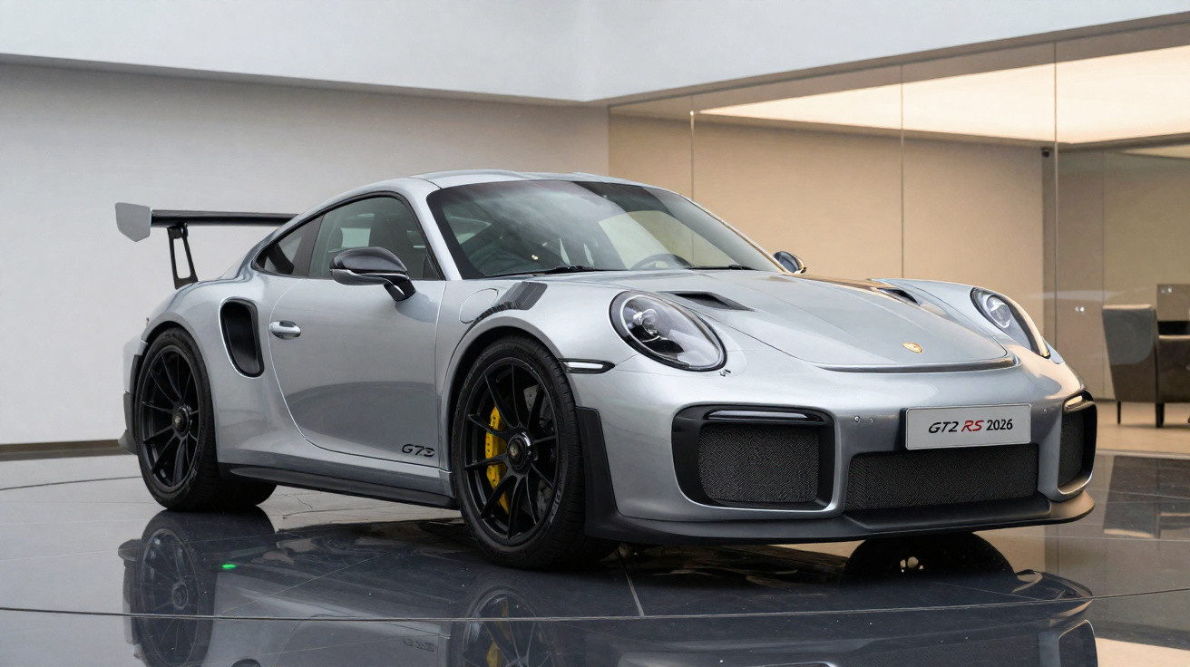 Carro esportivo Porsche GT2 RS prata exibido em ambiente interno moderno com piso reflexivo.