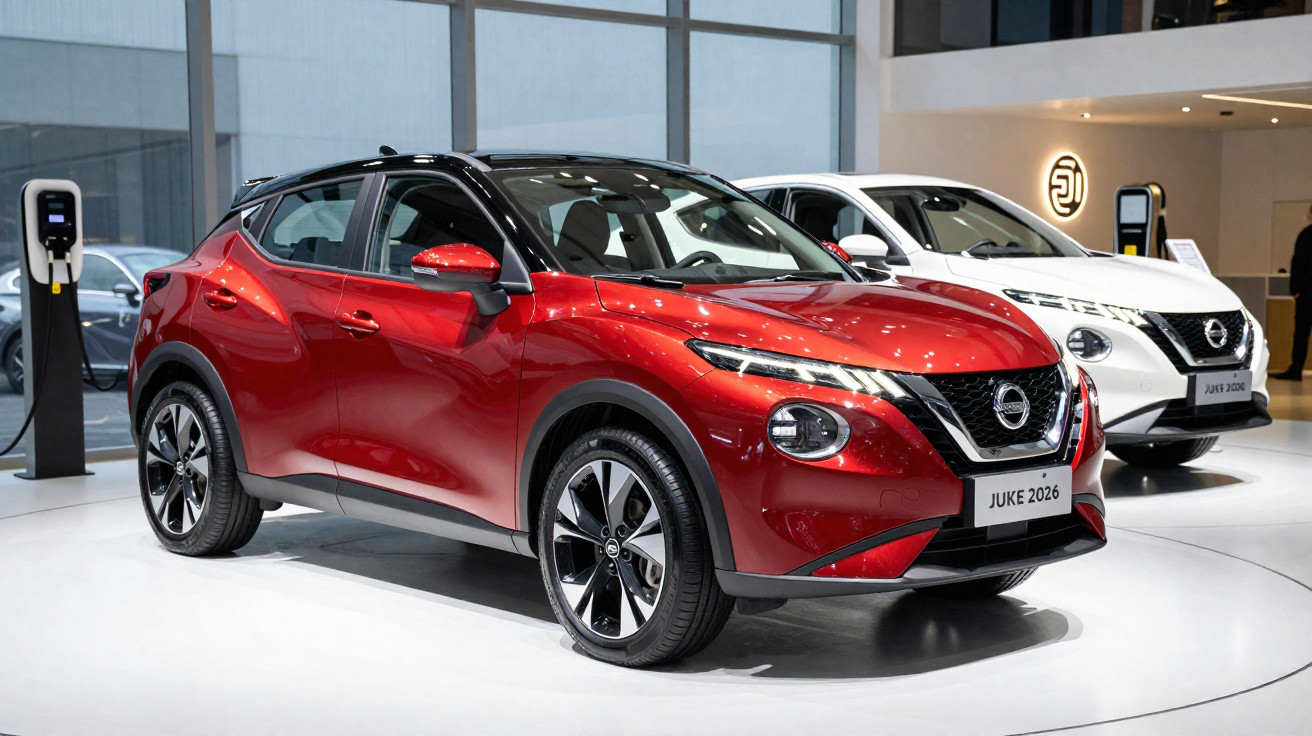 Carro vermelho Nissan Juke 2026 exposto em salão com outro carro branco ao fundo.