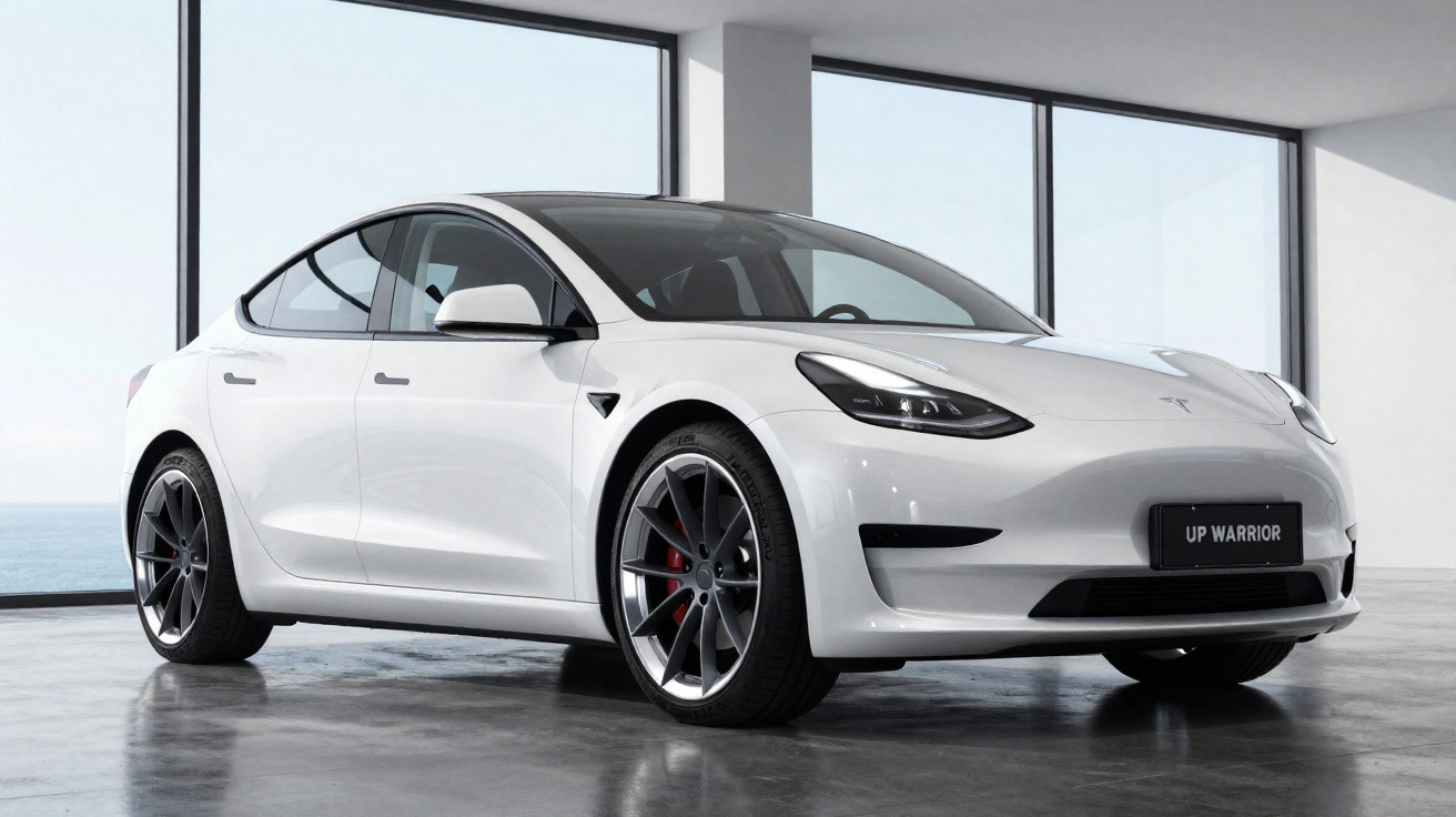 Carro elétrico branco Tesla Model 3 estacionado em ambiente interno com janelas grandes ao fundo.