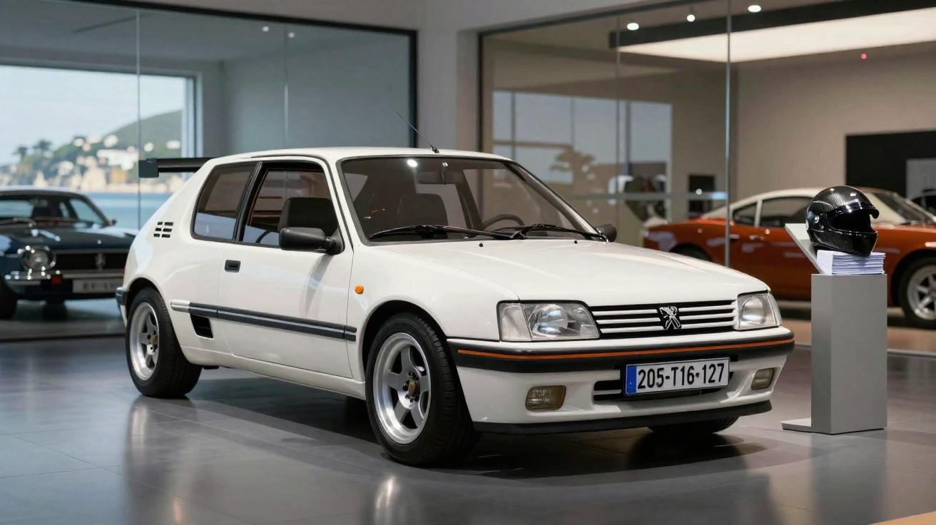 Carro esportivo branco Peugeot 205 GTI exposto em showroom com capacete ao lado.