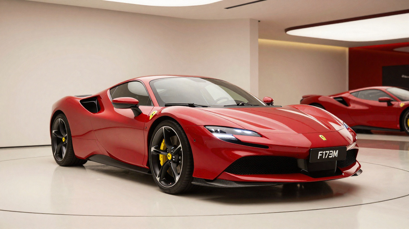 Carro esportivo vermelho Ferrari estacionado em salão moderno com piso branco e iluminação indireta.