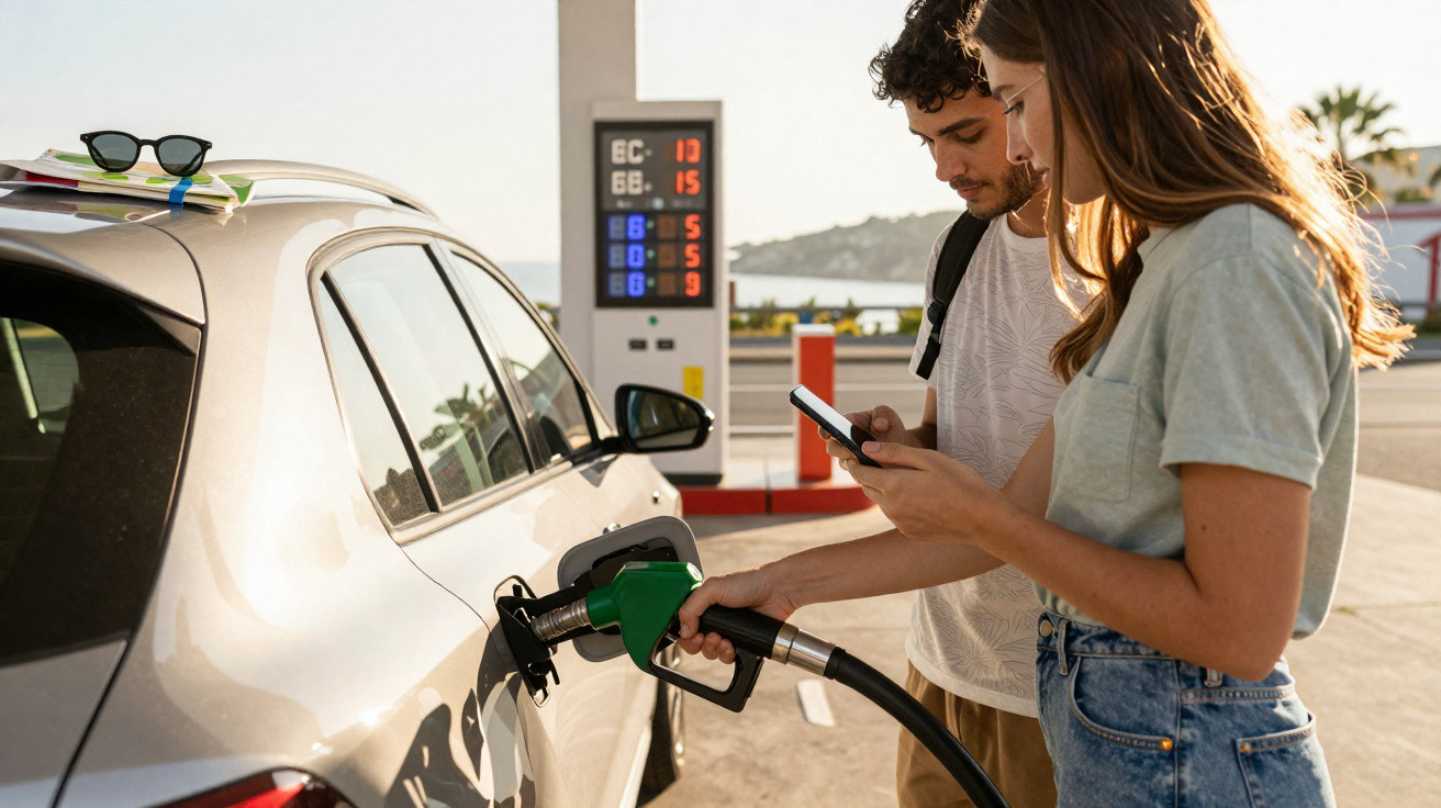 Casal jovem abastecendo carro em posto de gasolina ao entardecer, com celular na mão e óculos no capô.