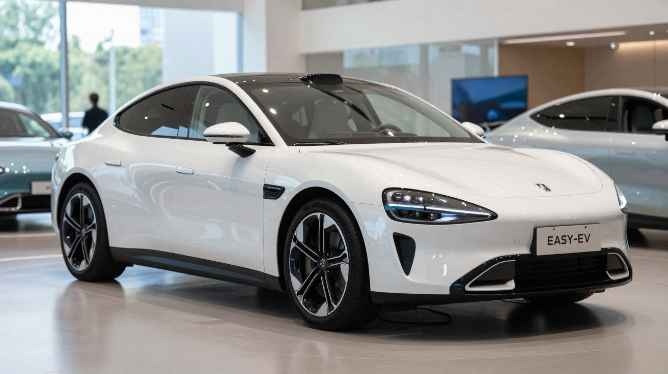 Carro elétrico branco modelo Easy-EV em exposição dentro de showroom moderno.