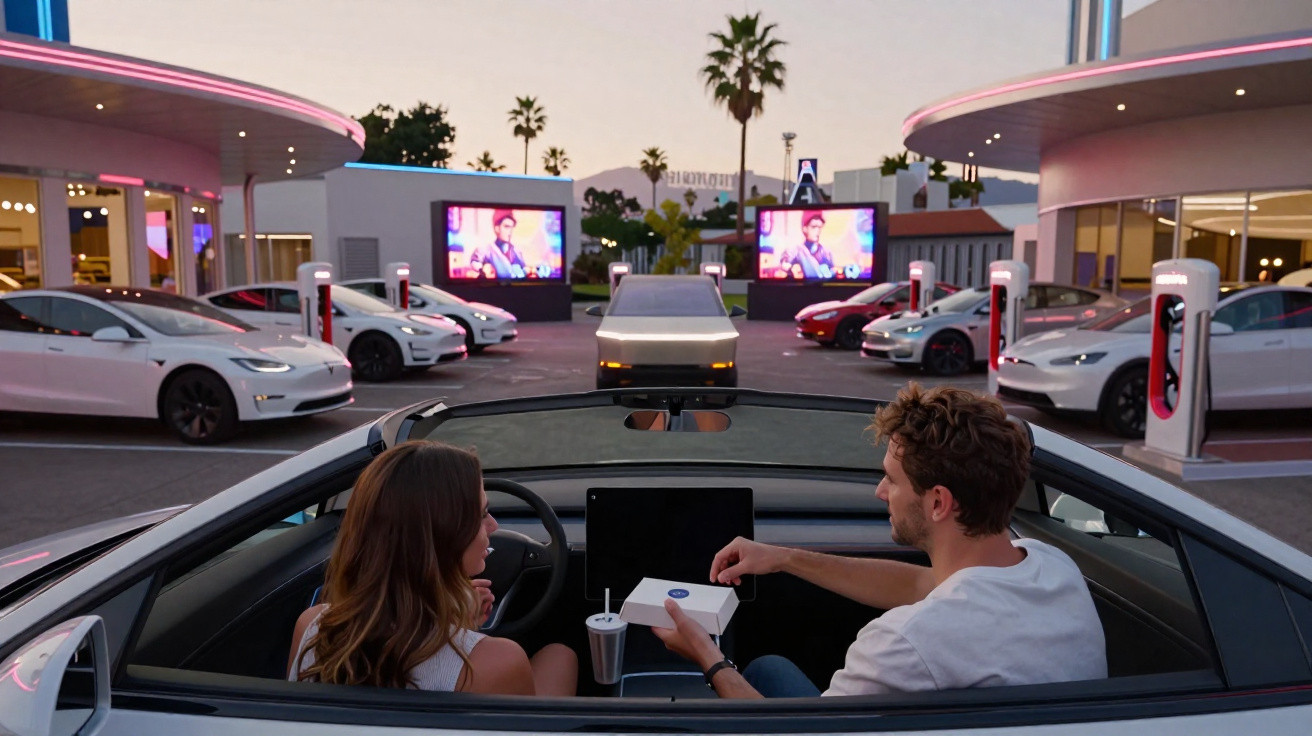 Casal em carro assistindo a cinema drive-in com vários carros elétricos e telas ao fundo ao anoitecer.