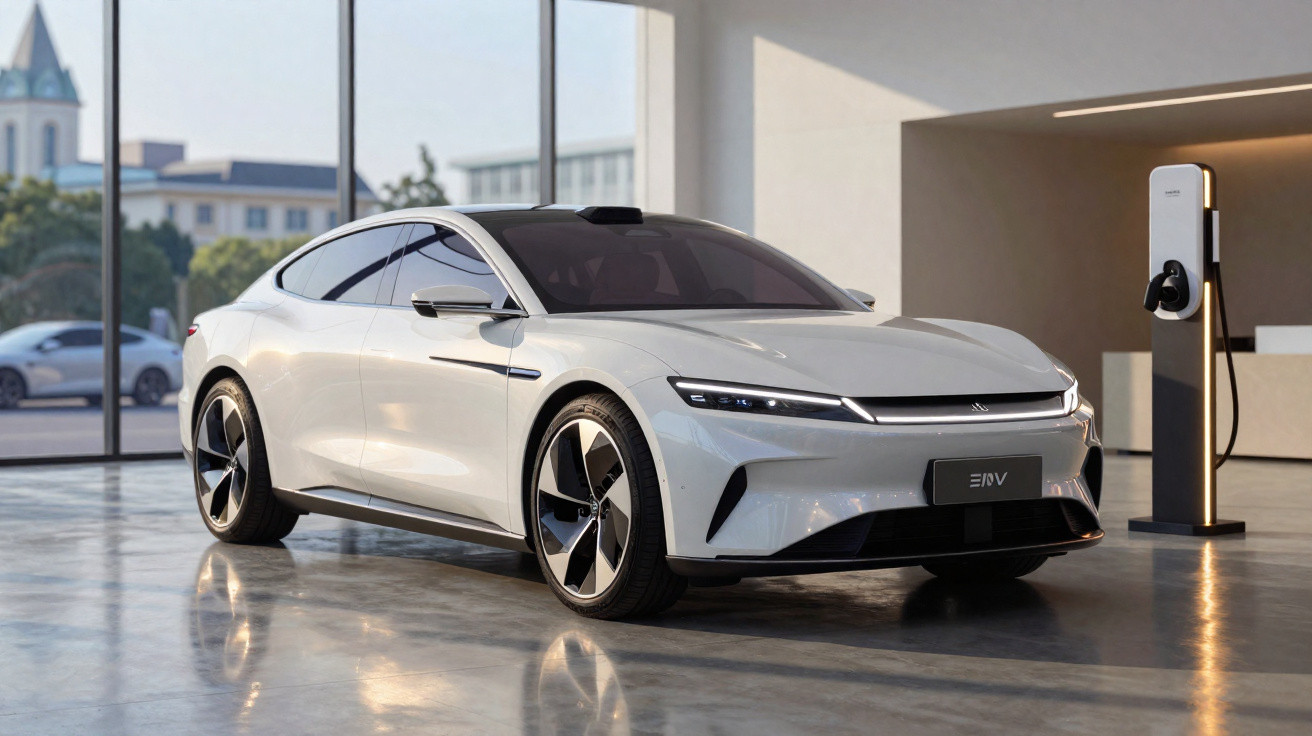 Carro elétrico branco estacionado ao lado de um carregador em ambiente interno moderno.
