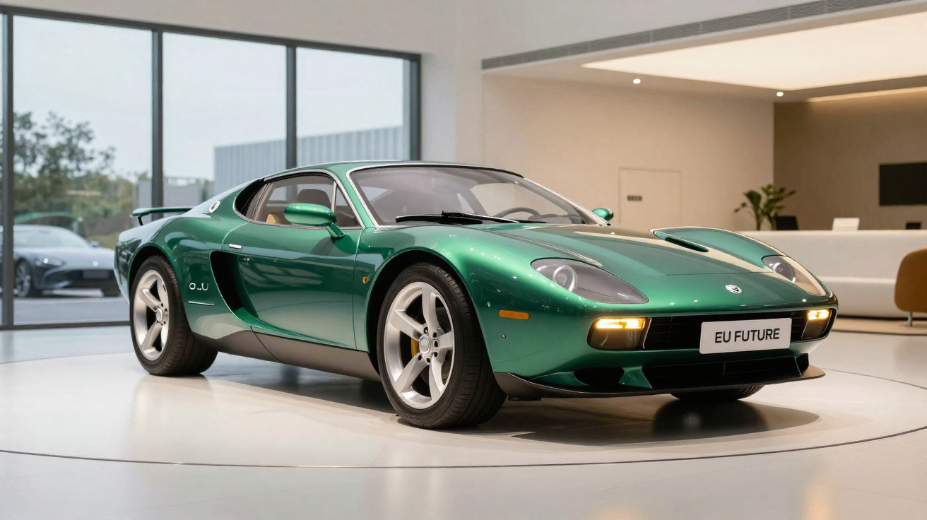 Carro esportivo verde metálico em exposição moderna com luzes acesas e placa "EU FUTURE".