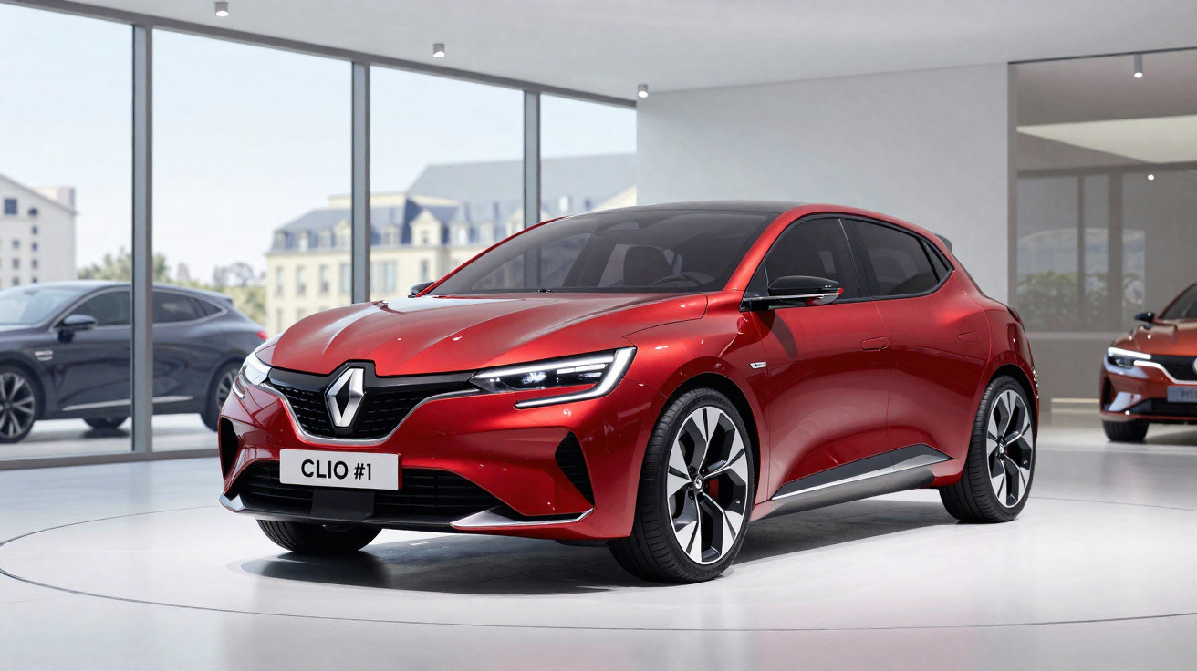 Carro Renault Clio vermelho em exposição em ambiente interno moderno com piso branco e janelas amplas.