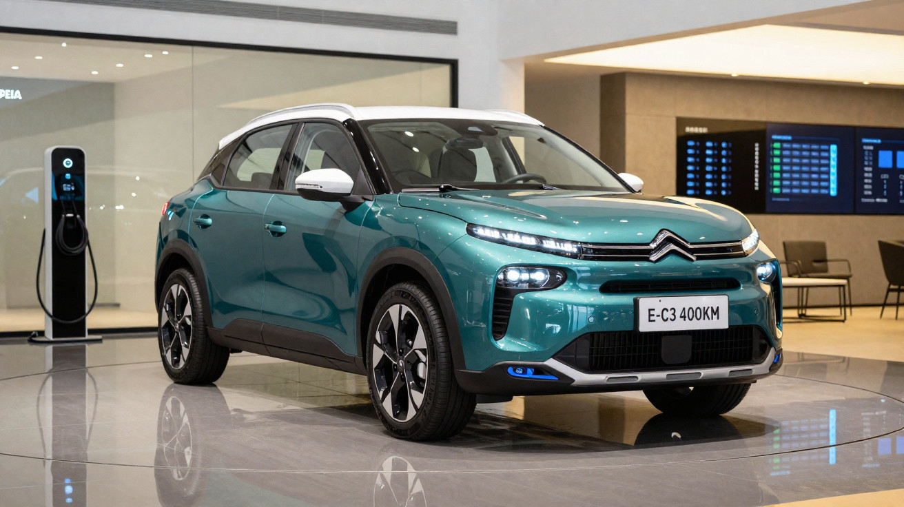 Carro elétrico Citroën E-C3 400KM verde em exposição em ambiente interno moderno com estação de recarga ao lado.