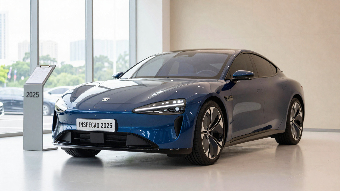 Carro elétrico azul em exposição interna com placa "Inspeção 2025" e suporte informativo ao lado.