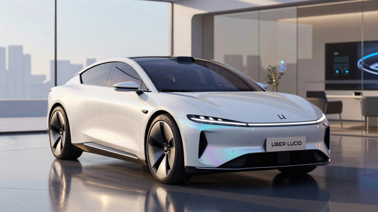 Carro elétrico branco, modelo Uber Lucid, exibido em ambiente interno moderno e iluminado.