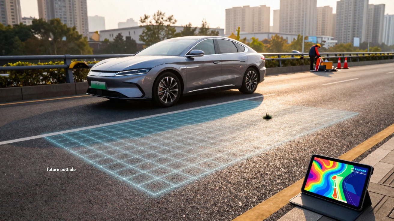 Carro elétrico cinza em estrada com tecnologia mapeando futuro buraco na pista ao lado de tablet.</s>