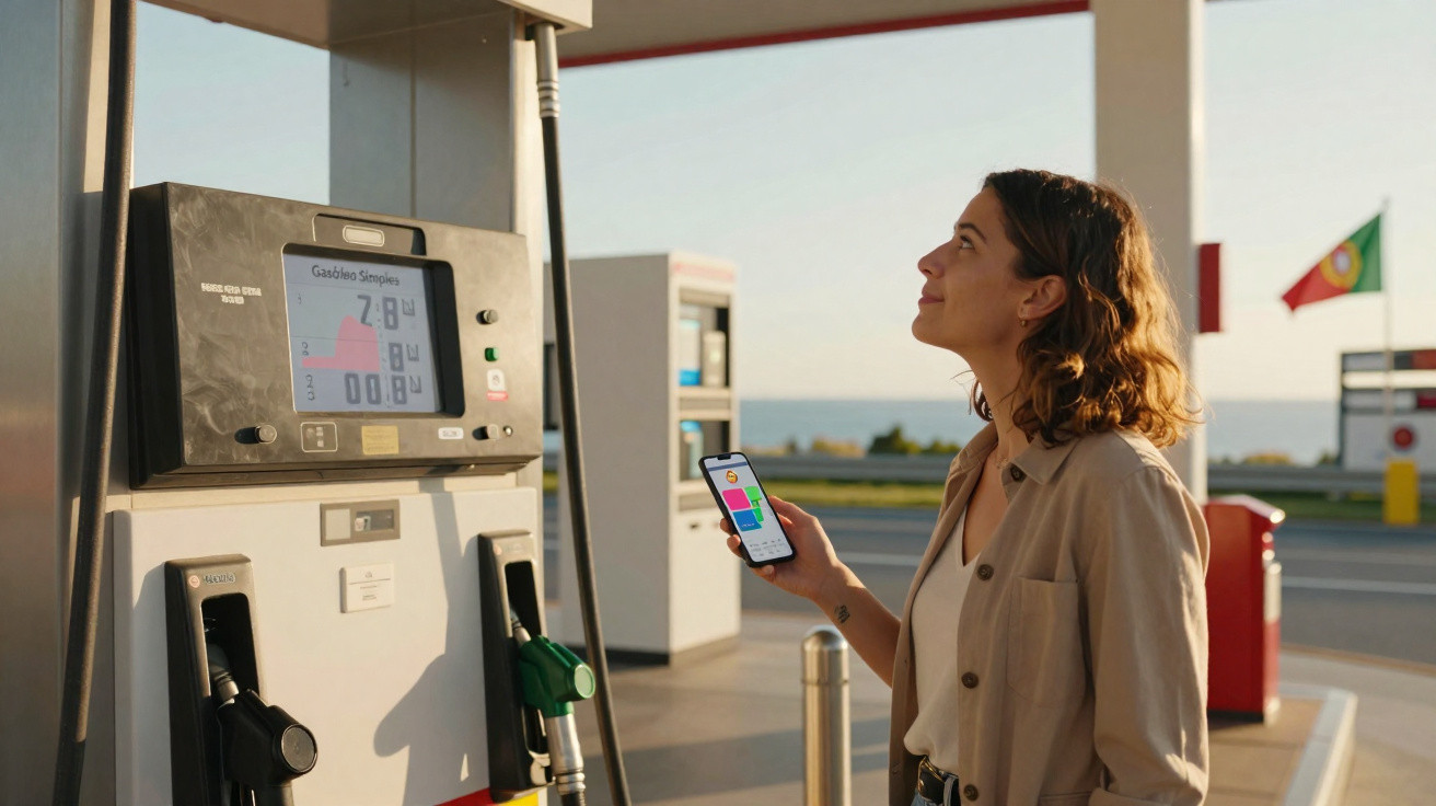 Mulher com celular na mão olha para posto de combustível ao ar livre em dia ensolarado.