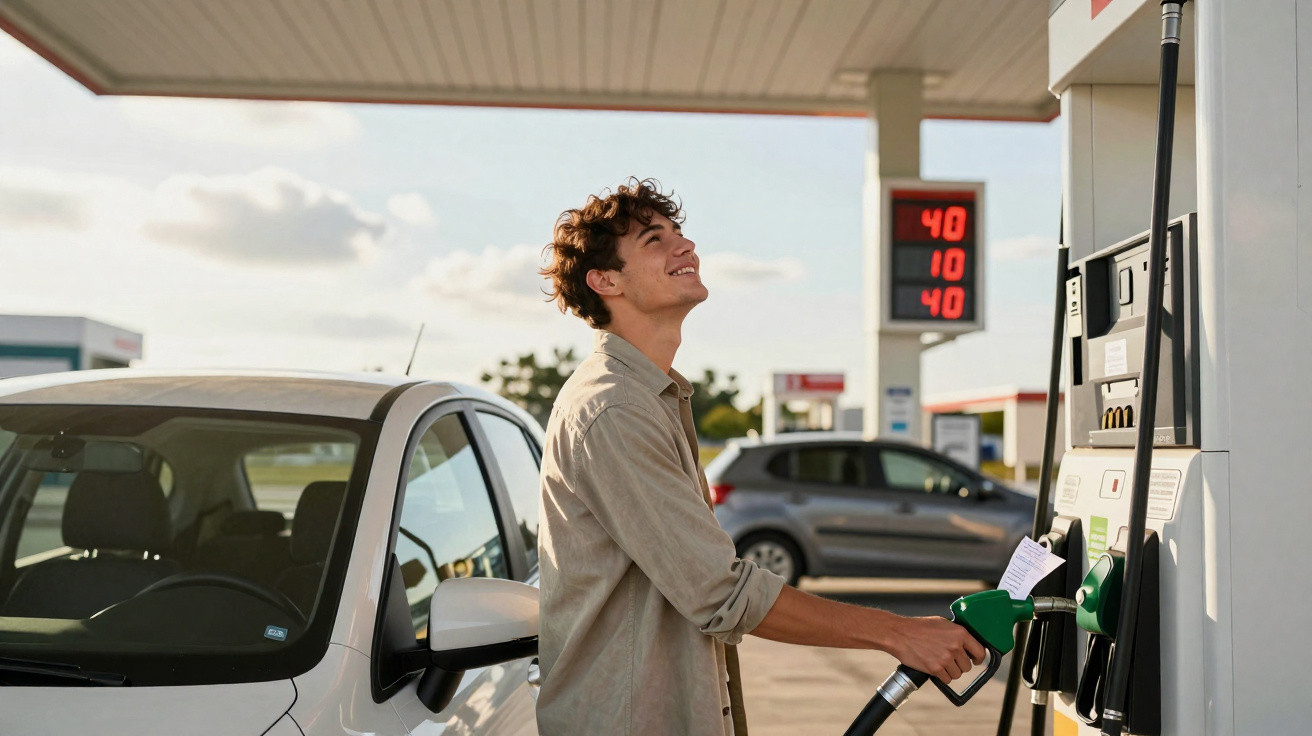 Homem sorrindo enquanto abastece carro branco em posto de gasolina durante o dia.