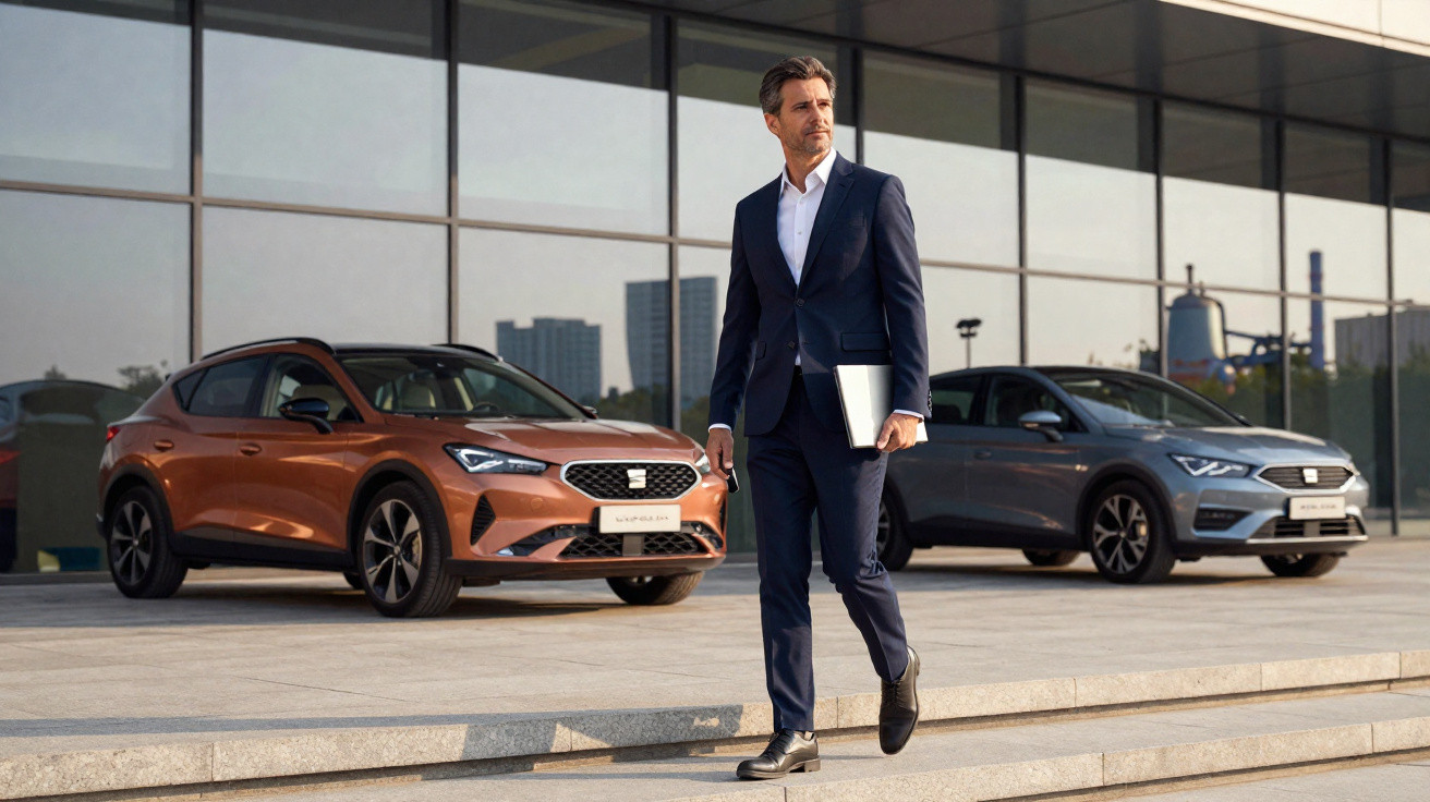 Homem de terno azul caminhando em frente a dois carros SEAT elétricos estacionados em edifício moderno.