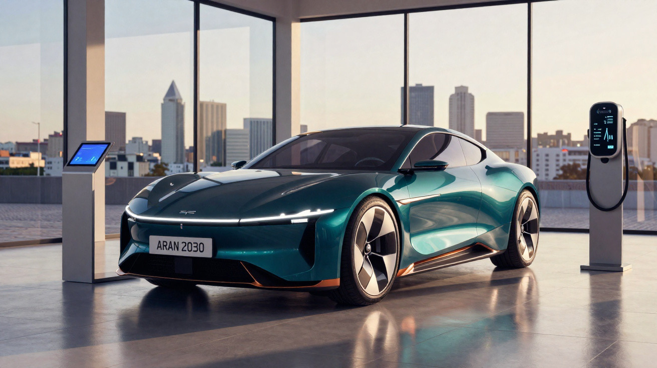Carro elétrico esportivo verde estacionado em ambiente moderno com estação de recarga e cidade ao fundo.
