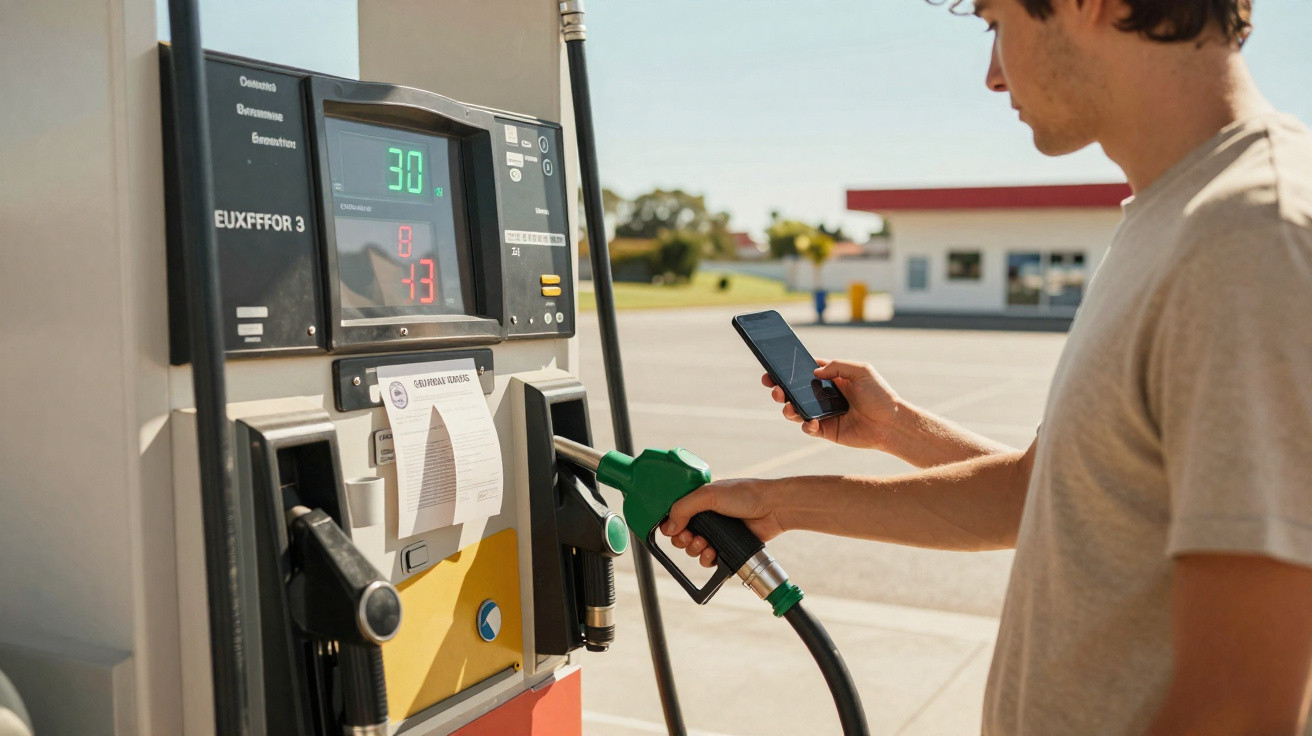 Homem segurando celular e mangueira de combustível em posto de gasolina durante abastecimento.