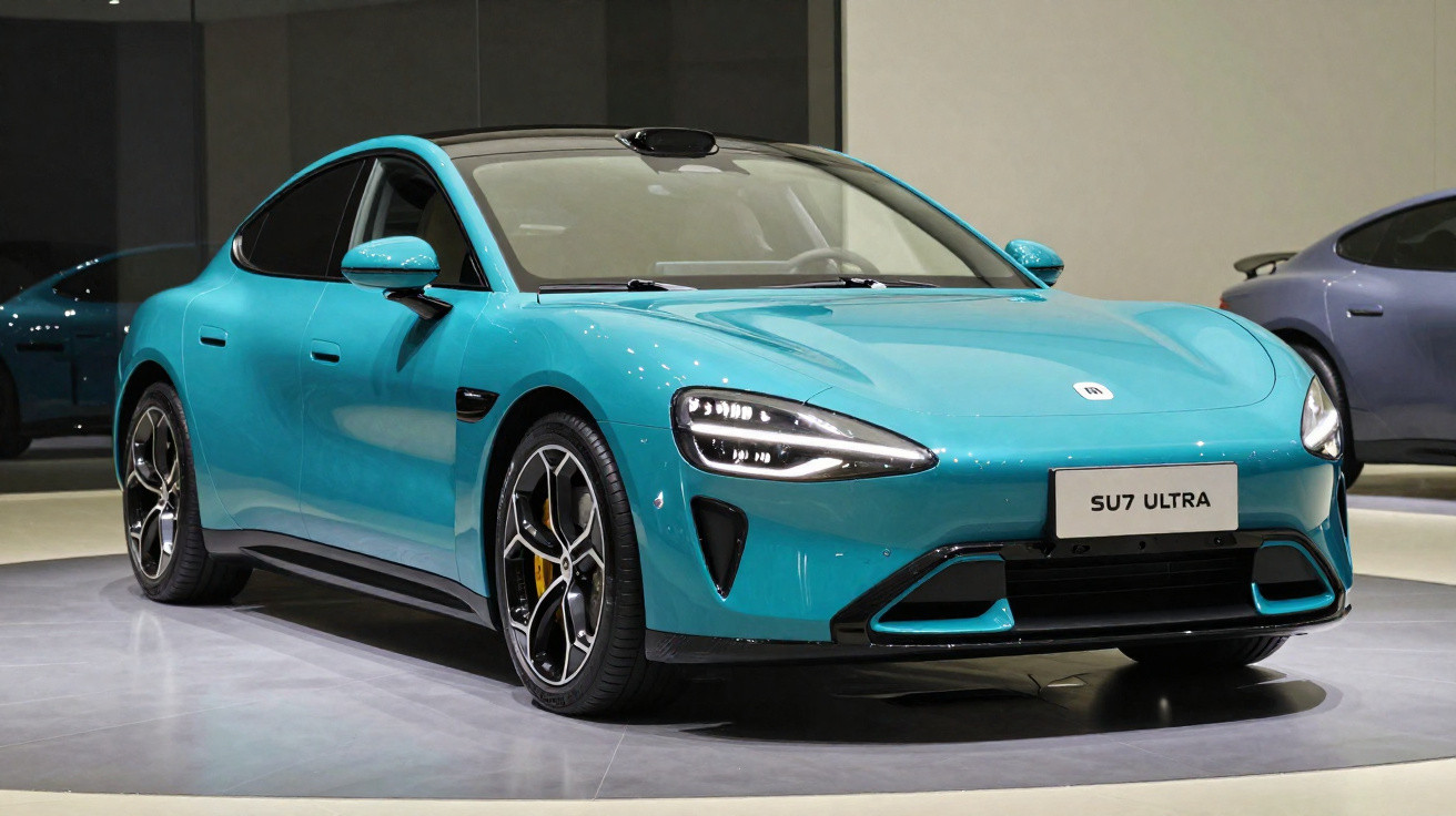 Carro esportivo elétrico azul com design moderno exposto em salão automotivo, modelo SU7 Ultra.