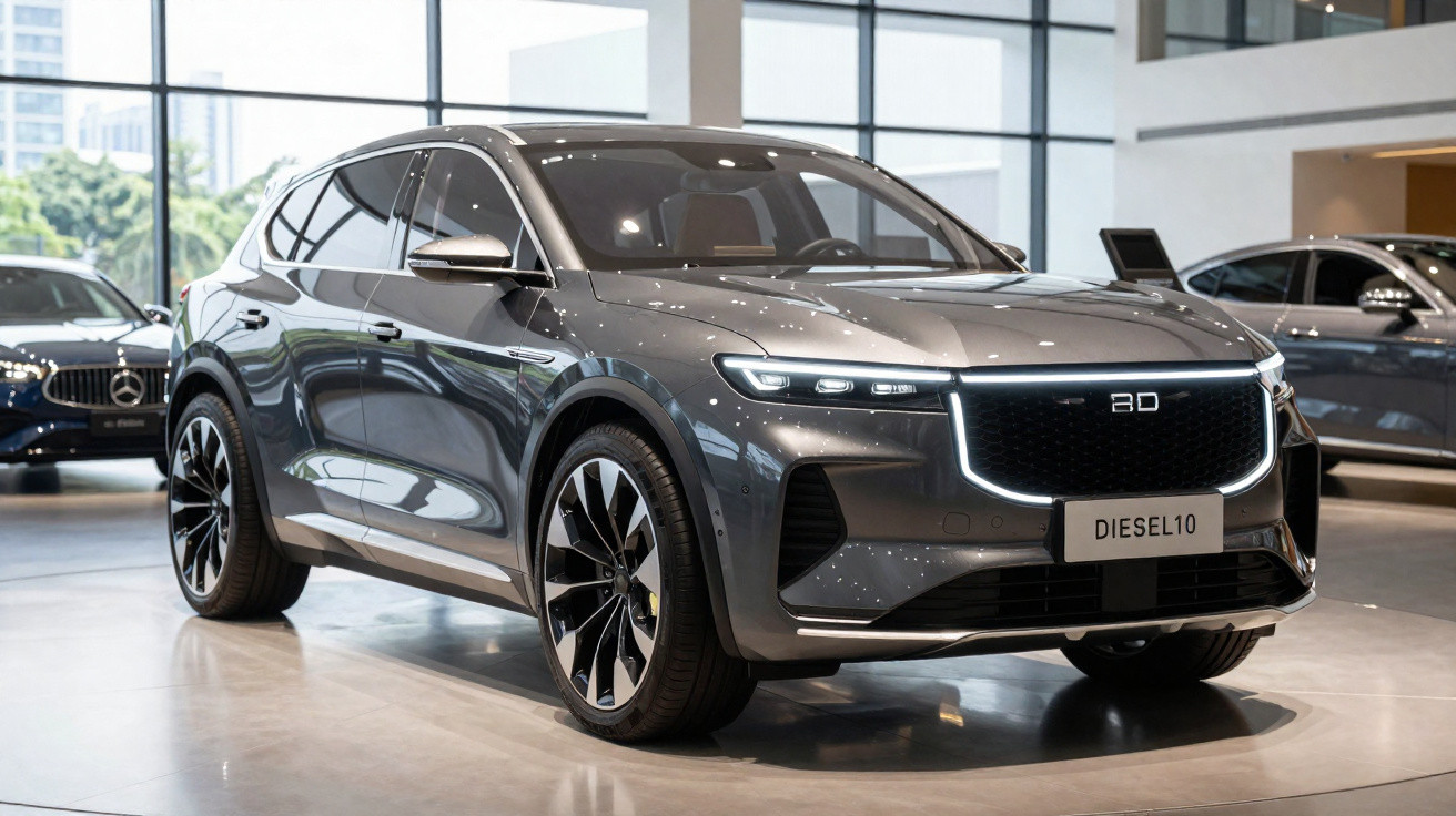 SUV cinza metálico moderno exposto em showroom com luzes LED e rodas pretas grandes.