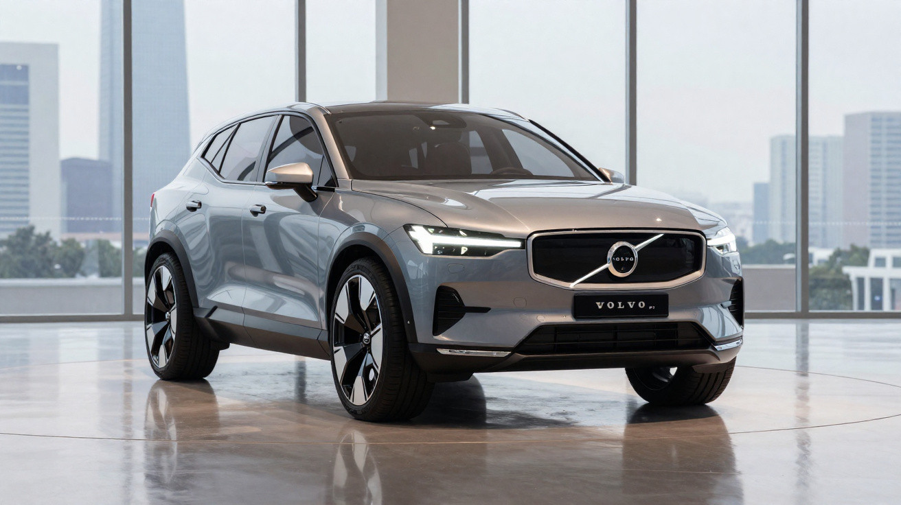 Carro SUV Volvo cinza estacionado em chão refletivo com janela de prédios ao fundo.