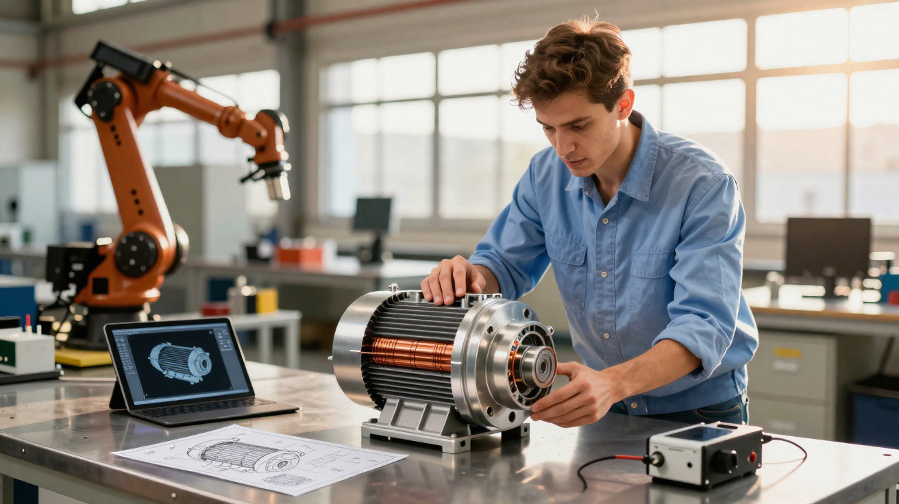 Engenheiro ajusta componente metálico de motor elétrico em bancada com robô e laptop ao fundo.