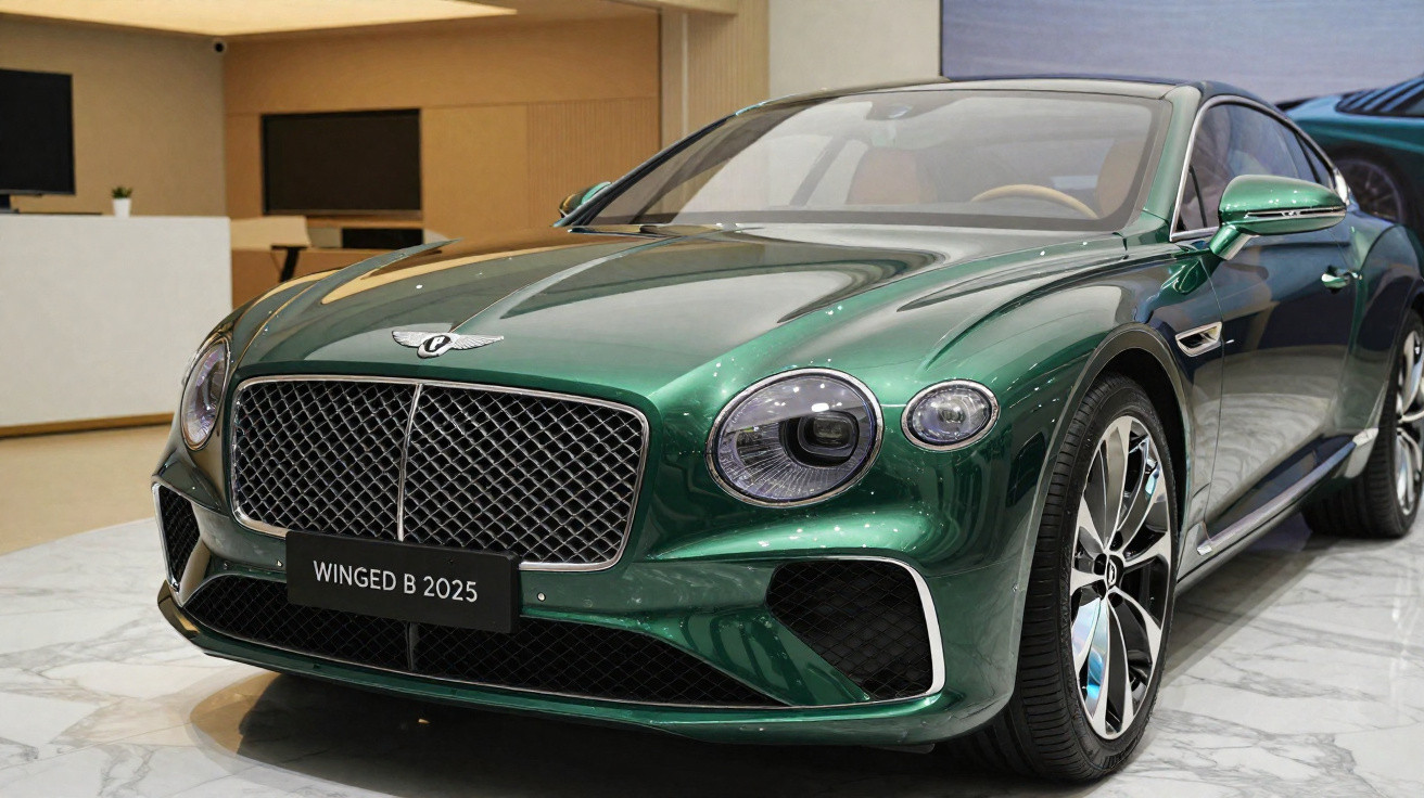 Carro de luxo verde metálico Bentley Winged B 2025 exibido em salão com piso branco de mármore.